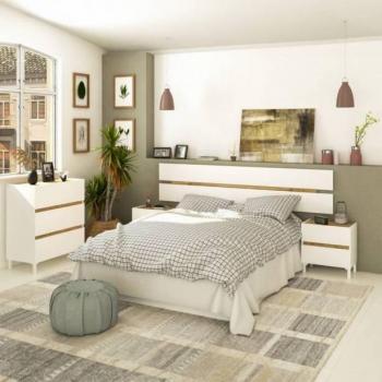 Dormitorio estilo nórdico en color blanco artik y roble nodi con cabecero, mesitas y cómoda