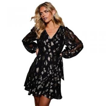 Petite Black Long Sleeve Ruffled Mini Dress – 16