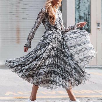 Bohemian V-Neck Chiffon Maxi Dress with Snake Print and Flare Sleeves