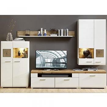 FARO-36 Fernsehwand in Weiß mit Eiche Hirnholz Nb. und Eiche Altholz Nb., LED Beleuchtung