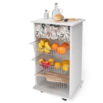 White Leaves Mix LUPIA: Carrello cucina con Ruote Piroettanti, Piano di Appoggio e 3 Cestelli Estraibili