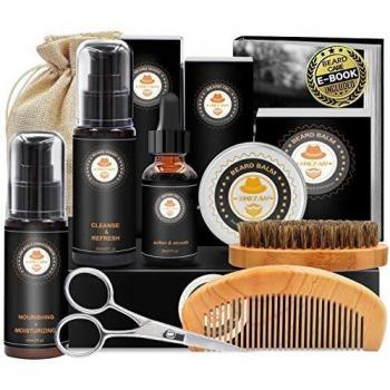 Beard Care Kit with Conditioner, Oil, Balm, Brush, Shampoo, Comb, Scissors, Storage Bag, E-Book