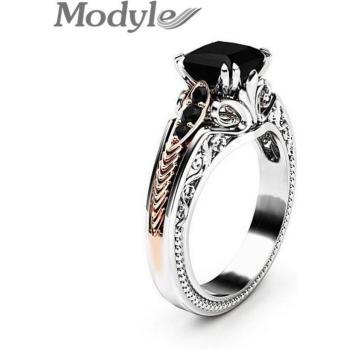 Joyería Modyle: Anillo Flor de Piedra Negra, Plata/Dorado