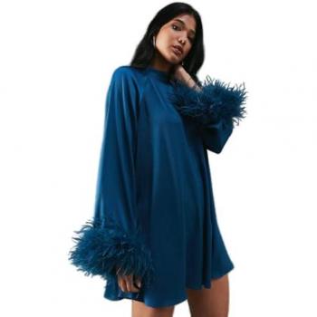 Teal Satin Feather High Neck Mini Dress