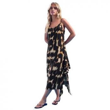 PixieGirl Petite Brown Abstract Animal Frill Hem Dress