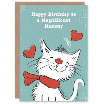 Duck Egg Blue Mummy Birthday Card with Scarf‑Wearing Cat