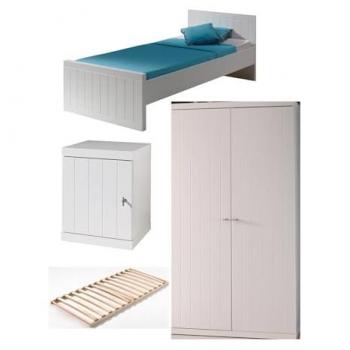 Ensemble de chambre enfant ROBIN : Lit simple 90x200 cm avec sommier, chevet et armoire 2 portes