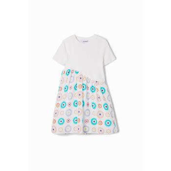 Desigual Vestido Infantil Algodão 3/4 Branco em Cores Geométricas