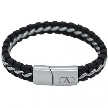 Pulsera de cuero natural negra con trenzado y cierre de acero inoxidable