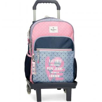 Pepe Jeans Mochila Escolar Noni Denim 40 cm, Cuatro Bolsillos y Ruedas