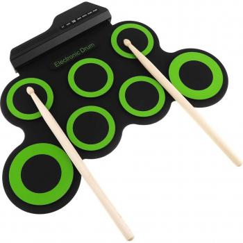 USB Roll-Up 7-Pad Green Electronic Drum Set with Drumsticks and Sustain Pedal