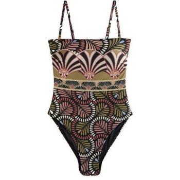 Paisley Art Deco Bandeau Tummy Control Swimmer (Pink/Green)