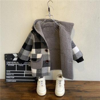 Kids' Hooded Plaid Outwear with Single Button (90-140cm)