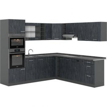 Vicco Eckküche R-Line 247x237 cm Anthrazit mit Marmorarbeitsplatte in Weiß