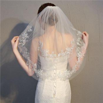 Bridal Veil de Encaje Doble Capa con Peine Blanco y Marfil