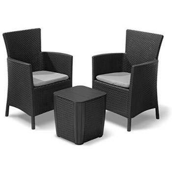 Keter Iowa Set Balcone, Set Mobili da Esterno 2 Poltrone e Tavolino Contenitore Grafite