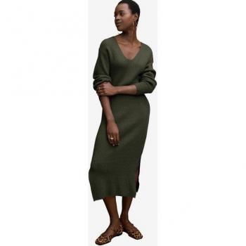 Robe Longue en Maille à Col en V Kaki