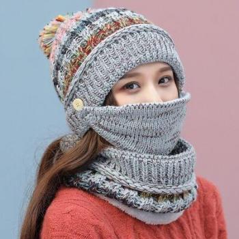 Ensemble tricot 3 pièces : bonnet, écharpe et masque pour femmes et filles, chapeau de Ski doux, doublure polaire, pompon épais, coupe-vent