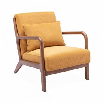 Sillón escandinavo de pana y madera de hevea nogal, lorens, ocre, 65x80x79 cm