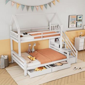 Lit superposé enfant en pin blanc avec échelle et rangement 90x200 cm et 140x200 cm