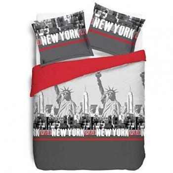 Housse de couette et taie assortie Vision New York en rouge et gris