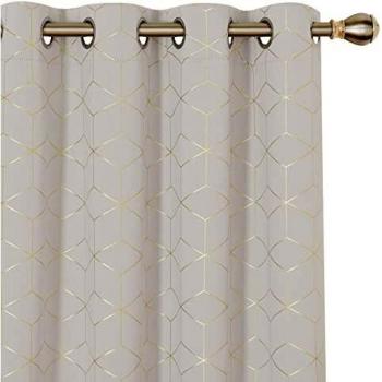 Deconovo Super Soft Blackout Curtains, Eyelet Curtains, Gold Diamond Printed Thermal Insulated Curtains for Living Room, 52 x 63 Inch, Light Beige, One Pair