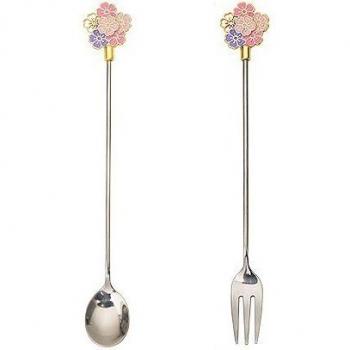 Cuchara Larga de Cerezo con Mango Floral y Tenedor Japonés