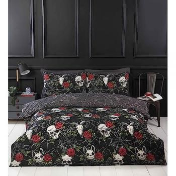 Black Skull and Roses Double Microfibre Duvet Cover Set