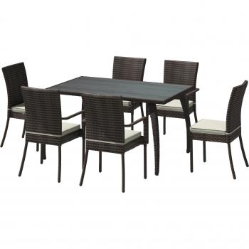 Set da giardino con tavolo, tavolino e sedie in rattan con cuscini