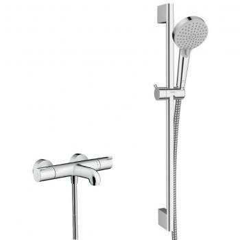 Hansgrohe Ecostat Kit Mezclador Termostático Baño/Ducha + Barra Unica + Teleducha 2 Chorros, Cromo