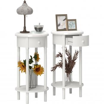 Due Comodini Legno Contemporaneo Bianco Ø35,5×71 cm con Cassetto & Ripiano