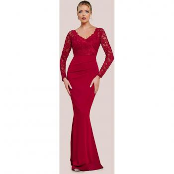 Wine‑Tinted Scalloped Lace & Scuba Maxi Dress (Goddiva)