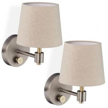 Applique Murale Vintage Relaxdays, 2 pièces, Dimmable, Interrupteur, Abat-jour en Tissu, E14, 23 x 15 x 21 cm, Beige/Argent