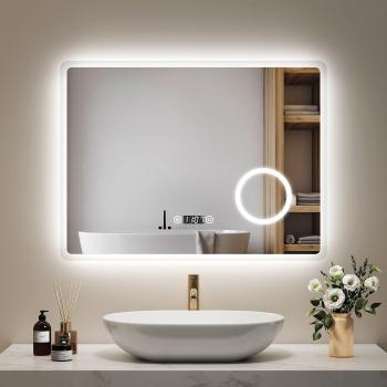 Miroir décoratif 80 cm × 60 cm avec loupe à 3 fois – éclairage LED, interrupteur tactile, anti‑brouillard, horloge intégrée, lumière blanche froide