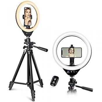 10-inch Ring Light with Stand and Phone Holder, Cell Phone Tripod with Adjustable Ring Light for Live Streaming/Makeup/Photography, Compatible with All iPhones and Other Mobile Phones