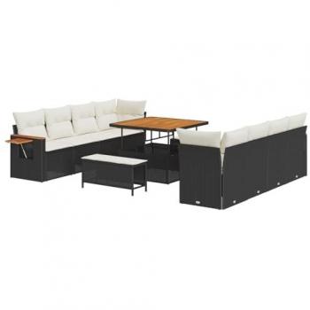 Set di Divani da Patio 11 Pezzi con Cuscini Neri in Polyrattan Acacia