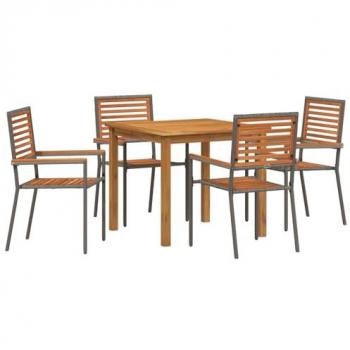 Five-Piece Patio Dining Ensemble – Grey Poly Rattan Acacia Style