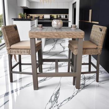 Rattan‑Backed Greywashed Pine Bar Table, 2‑Person Seating