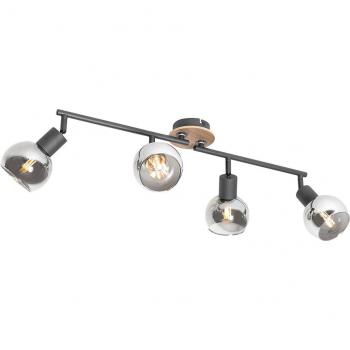Iluminación de techo negra con cristal ahumado y madera, 4 luces LED