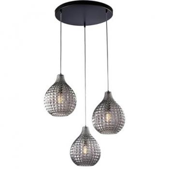 Lámpara colgante 3 luces diamante hierro negro y vidrio soplado gris