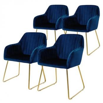 Juego de 4 Sillas de Comedor con Asiento Acolchado en Terciopelo Azul