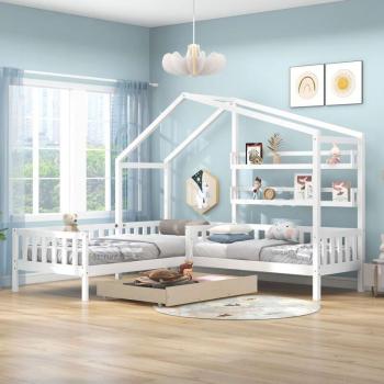 Letto Soppalco Piccolo 70x140 cm – Cassetto Scorrevole, Libreria, Barriera, Bianco