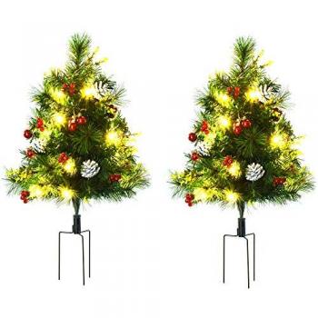 Mini Weihnachtsbaum Set 2er mit roten Beeren, Tannenzapfen und warmweißen LED-Lichtern, 33 x 75 cm
