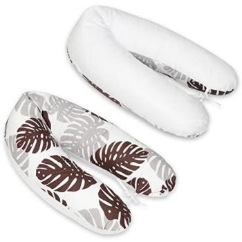 Coussin de soutien maternité 2‑en‑1 (pré/post natal), feuilles grises/marrons, revêtement blanc