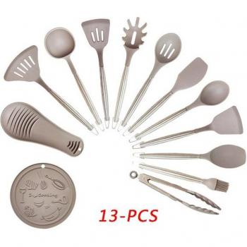 Stainless Steel and Silicone Kitchen Utensils Set 5-15 Pcs Warm Gray Non-stick
