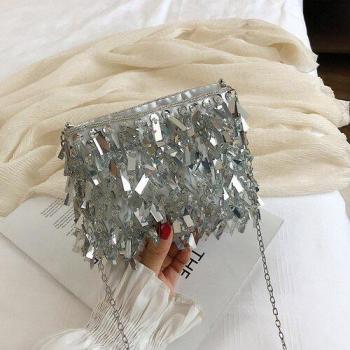 Silver Sequin Evening Bag with Tassel