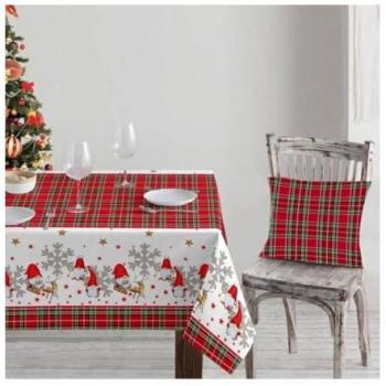 Mantel Navideño Estampado 6 Plazas con Reno, Santa Claus y Patrón Tartan Digital