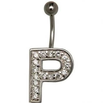 Bauchnabel‑Kunstwerk „P“, chirurgisches Stahl‑Silver 925, Kristall‑Glanz