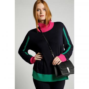 Maglione Blu con Dettagli Colorati, Collo Risvoltato, Donna, Taglia 52/54, Viscosa/Fibre Sintetiche