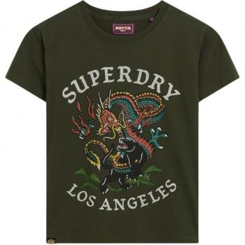 Superdry T-shirt Fitted a Maniche Corte con Strass e Stampa Tattoo Khaki XL